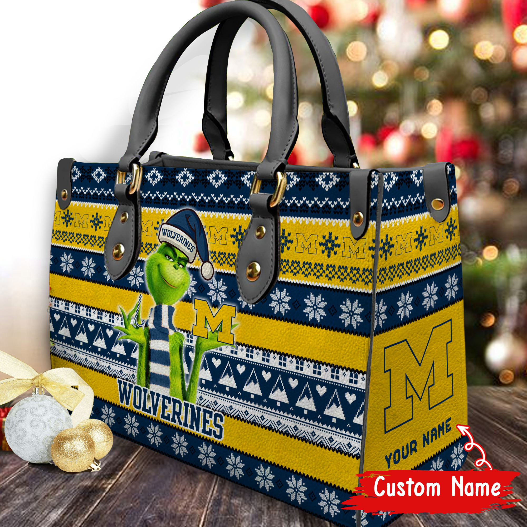 Michigan Wolverines Grinch Christmas Women Leather Hand Bag