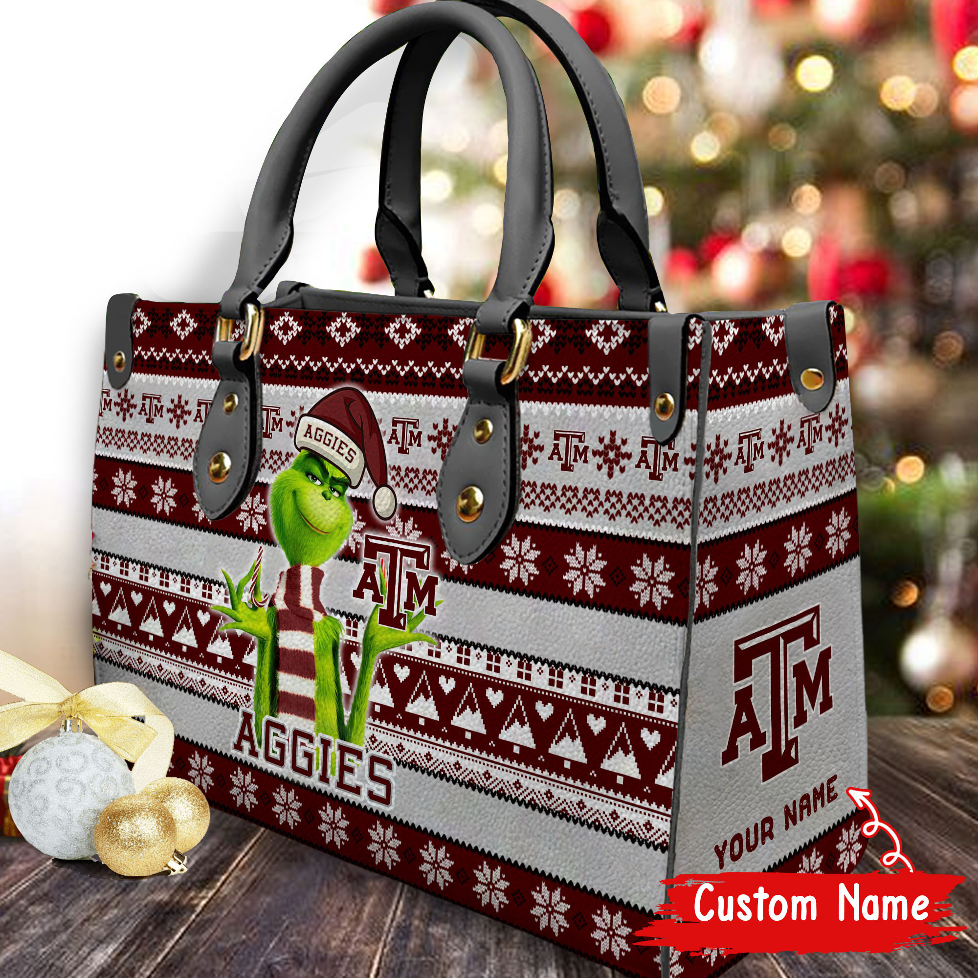 Texas A_M Aggies Grinch Christmas Women Leather Hand Bag