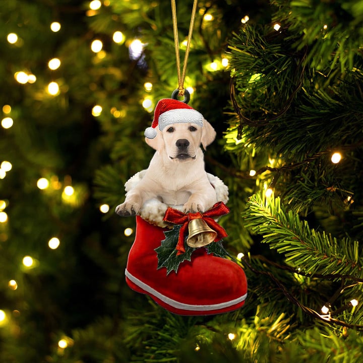 Labrador retriever white In Santa Boot Christmas Hanging Ornament
