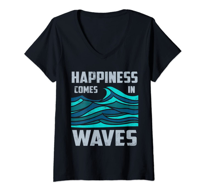 Womens Happiness Comes In Waves - Cool Vintage Surfer Surf Gift V-Neck T-Shirt