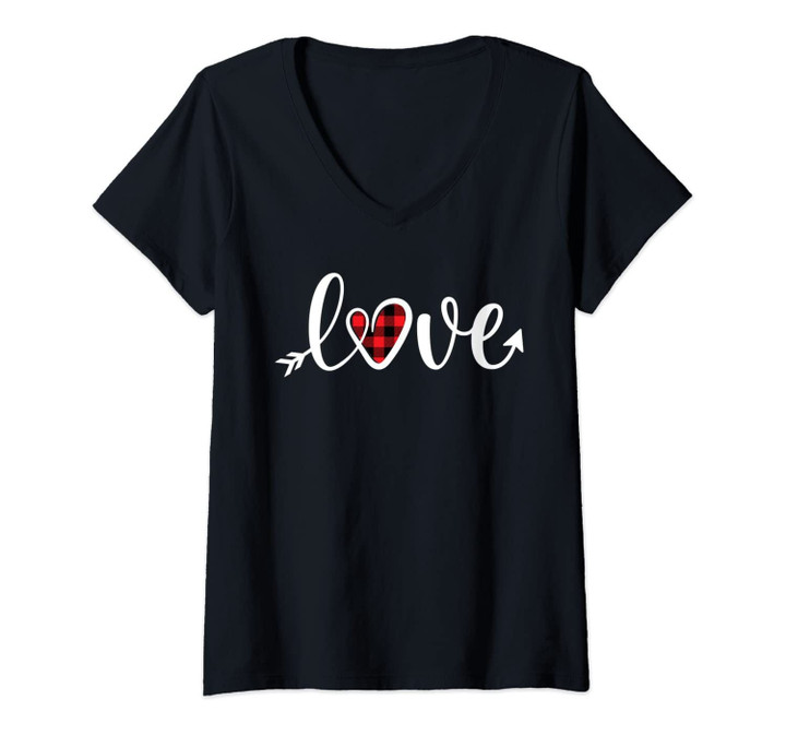 Womens Valentines Day Shirts For Women Love Plaid Heart Cute Gift V-Neck T-Shirt