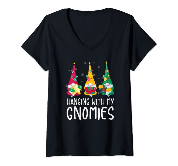 Womens Hanging With My Gnomies Funny Three Gnomes Christmas Pajamas V-Neck T-Shirt