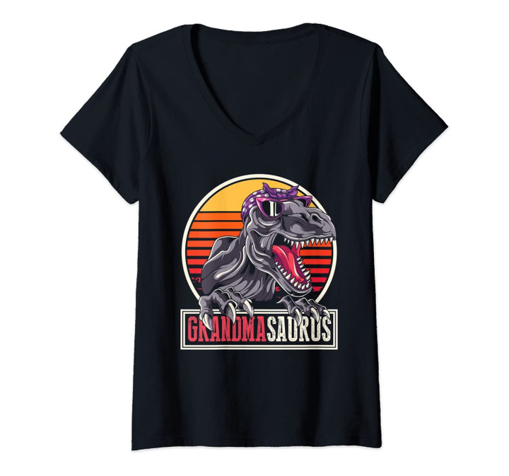 Womens Grandma Gift Idea Dinosaur Family Grandmasaurus T Rex V-Neck T-Shirt