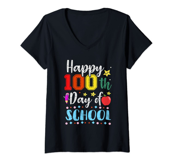Womens Happy 100th Day Of School Colorful Teacher And Student V-Neck T-Shirt