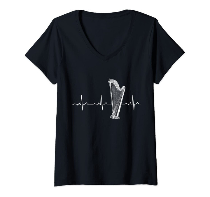 Womens Harp Heartbeat Shirt - Best Harp Player Birthday Gift V-Neck T-Shirt