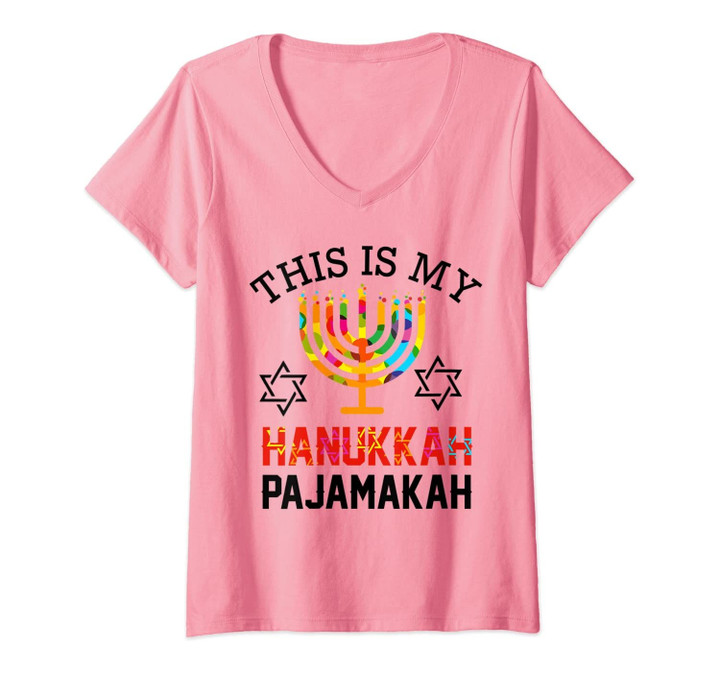 Womens This Is My Hanukkah Pajamakah Funny Hanukkah Pajama Gift V-Neck T-Shirt
