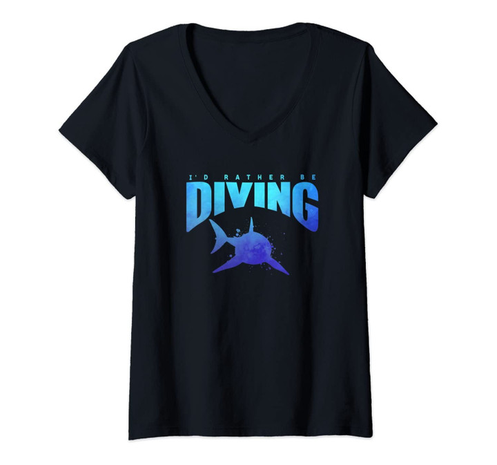 Womens I'd Rather Be Diving Scuba Diver White Shark Beach Lover V-Neck T-Shirt