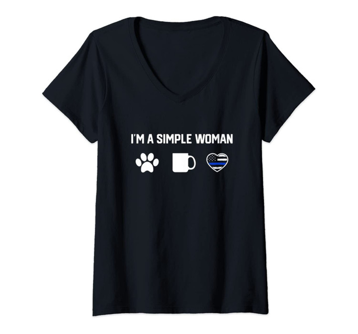 Womens I'm A Simple Woman Love Dog Coffee Heart Blue Line Police V-Neck T-Shirt