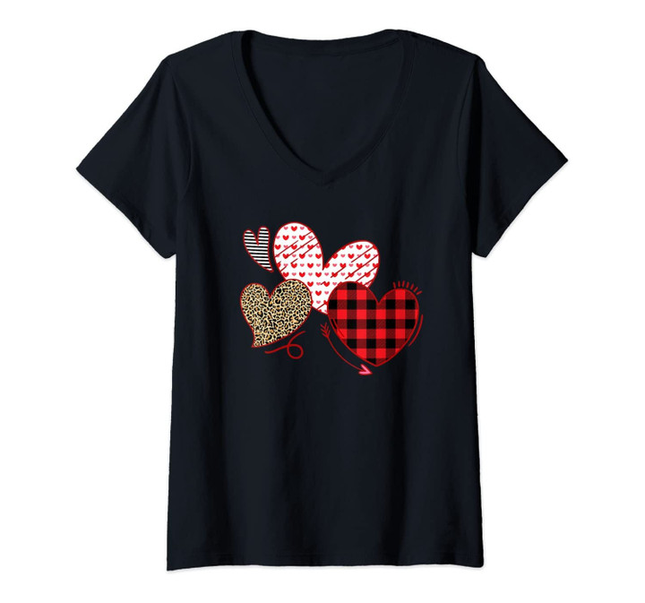 Womens Hearts And Arrows Leopard Plaid Valentines Day Shirts Women V-Neck T-Shirt