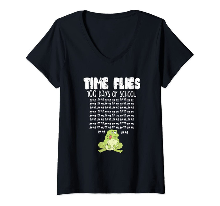 Womens Time Flies 100 Days School Frog Funny 100th Day Student Gift V-Neck T-Shirt