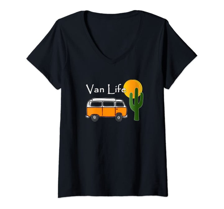 Womens Van Life - Vintage Bus Camper Van In Desert V-Neck T-Shirt