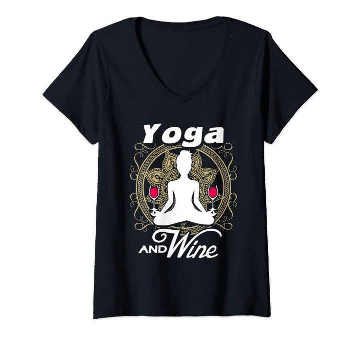 Womens Yoga And Wine Funny Yoga Lovers V-Neck T-Shirt