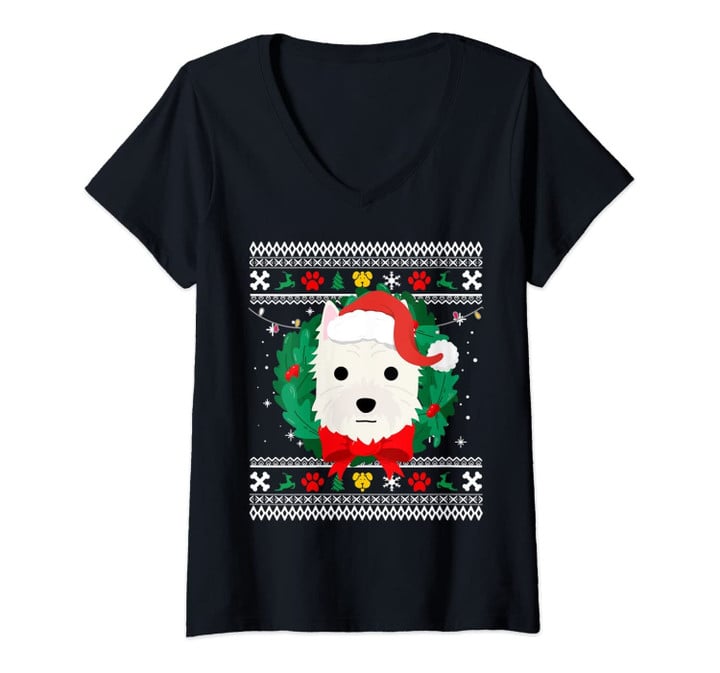 Womens West Highland White Terrier Westie Ugly Christmas Sweater V-Neck T-Shirt
