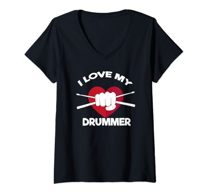 Womens I Love My Drummer Drum Wife Girlfriend Mom Heart Apparel V-Neck T-Shirt