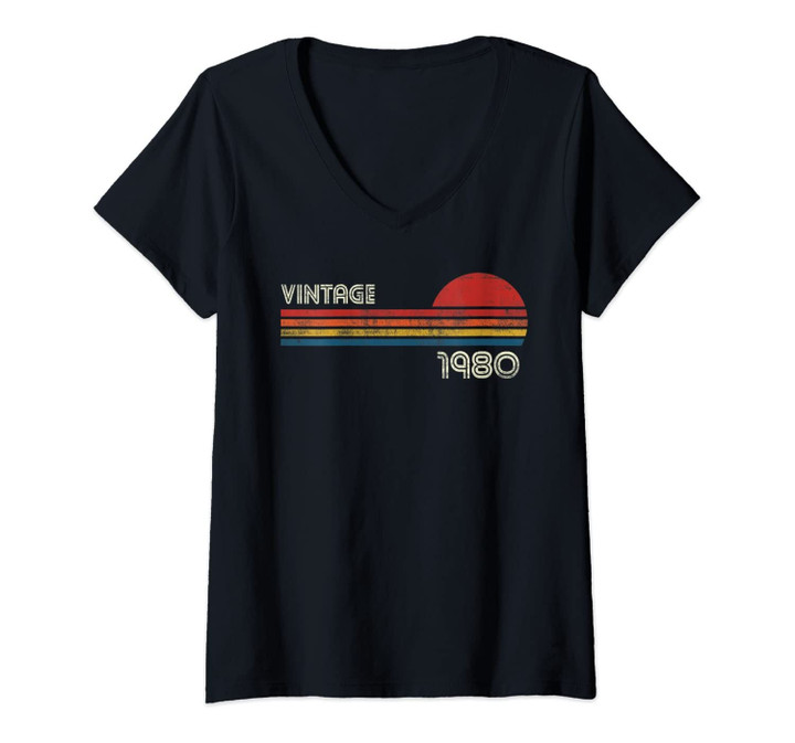 Womens Vintage 1980 Chest Stripe 41st Birthday V-Neck T-Shirt