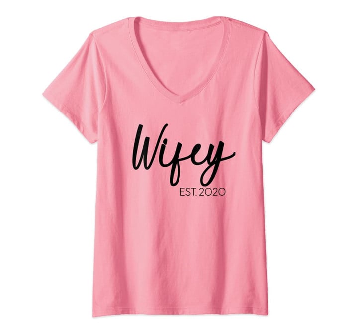 Womens Wifey Est 2020 Just Married Honeymoon Couples Hubby & Wifey V-Neck T-Shirt
