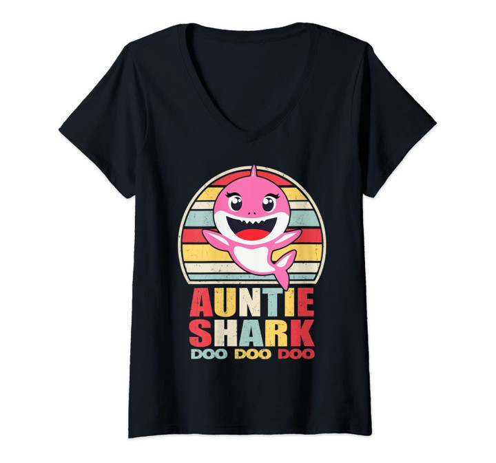 Womens Womens Auntie Shark Doo Doo Shirt Retro Vintage V-Neck T-Shirt