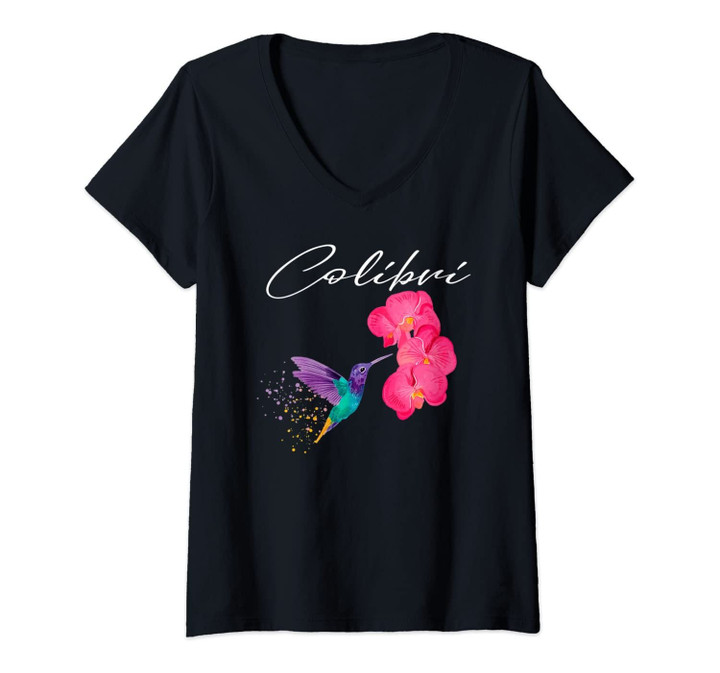 Womens Hummingbird Nature Beautiful Magical Colibri With Flower V-Neck T-Shirt