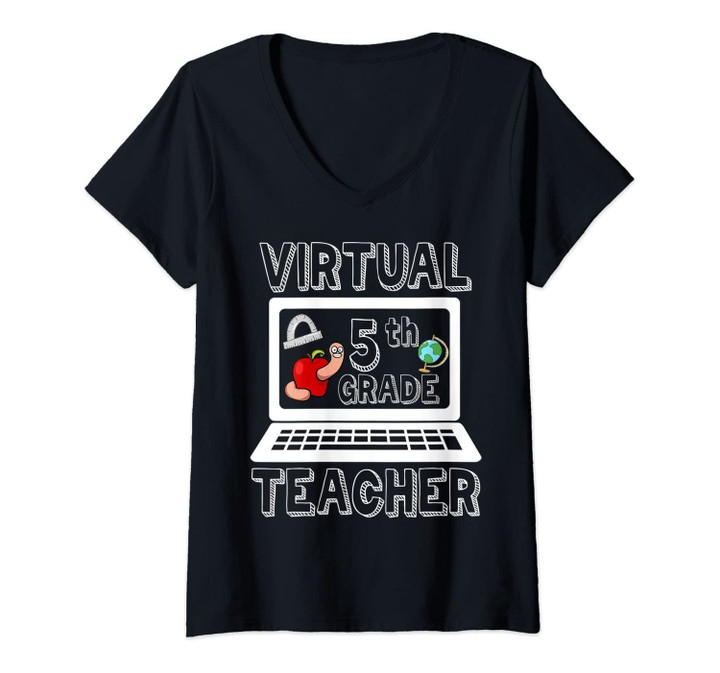 Womens Virtual Fifth Grade Teacher Online Learning Back To School V-Neck T-Shirt