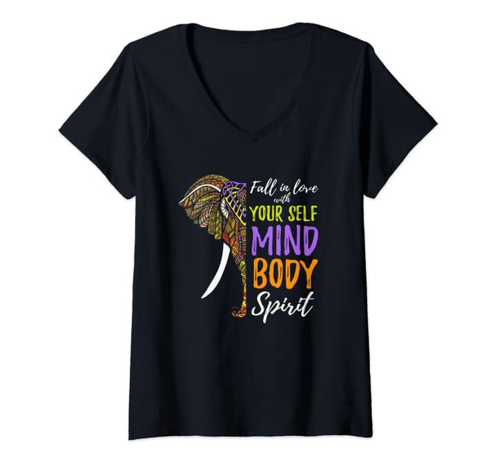 Womens Yoga Love Your Body Mind Spirit Meditation Elephant Ganesha V-Neck T-Shirt