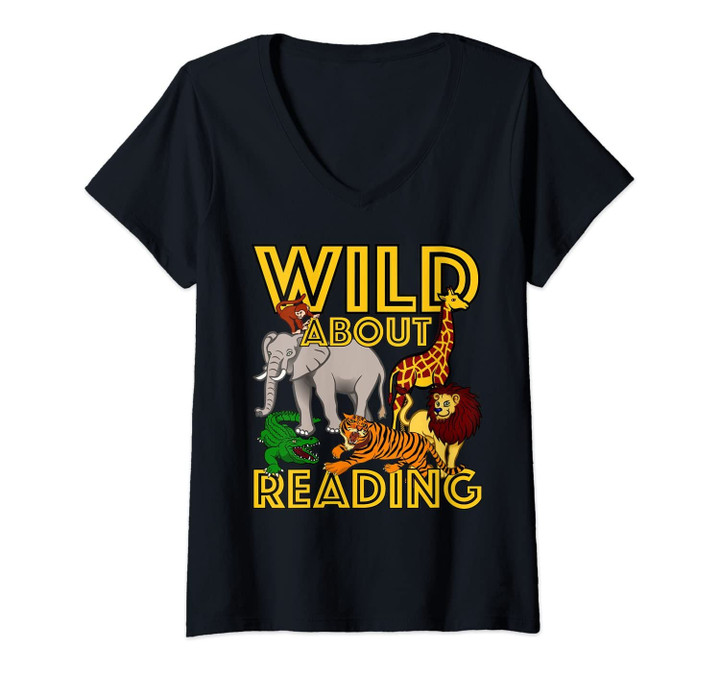 Womens Wild About Reading Back To School Teacher Books Read Gift V-Neck T-Shirt