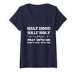 Womens Grunge Style Half Hood Half Holy Pray Don't Play With Me V-Neck T-Shirt