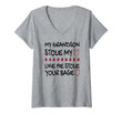 Womens Grandson Stole My Heart Funny Baseball Grandma V-Neck T-Shirt