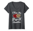 Womens Heart Leopard Buffalo Plaid Valentines Day Pre-K Teacher V-Neck T-Shirt
