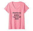 Womens Funny Thanks To Wine I Survived 2020 Gift For Xmas New Year V-Neck T-Shirt