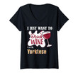 Womens I Just Want To Drink Wine And Pet My Yorktese Dog Lover V-Neck T-Shirt