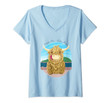Womens Scottish Highland Cow With Ocean Salty Hair V-Neck T-Shirt