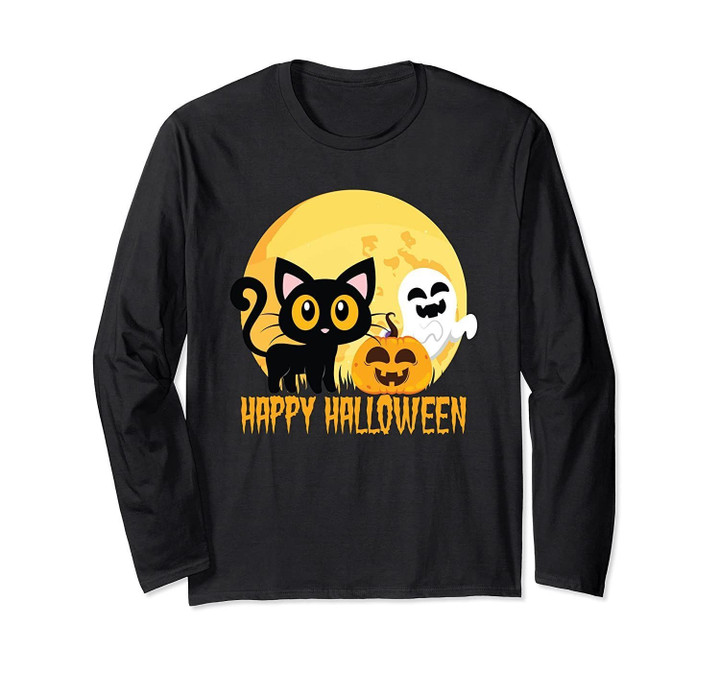 Black Cat, Pumpkin, Ghost Happy Halloween Long Sleeve T-Shirt