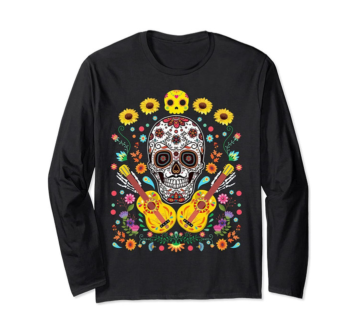 Flower Guitar Skull Funny Halloween Day of the Dead Gifts Long Sleeve T-Shirt