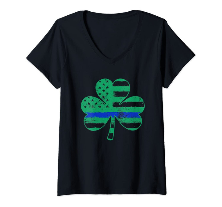 Womens Thin Blue Line Irish Shamrock Police Gift Usa American Flag V-Neck T-Shirt