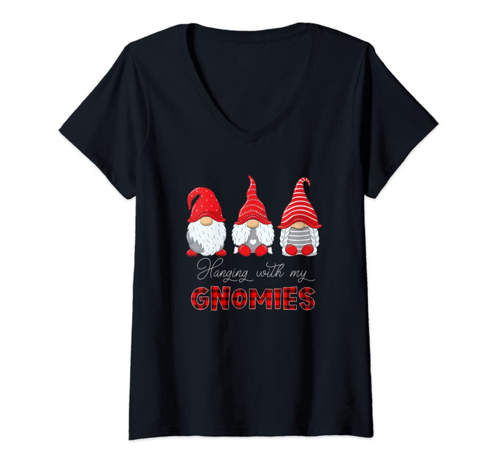 Womens Three Gnomes Christmas Hanging With My Gnomies Plaid Red V-Neck T-Shirt