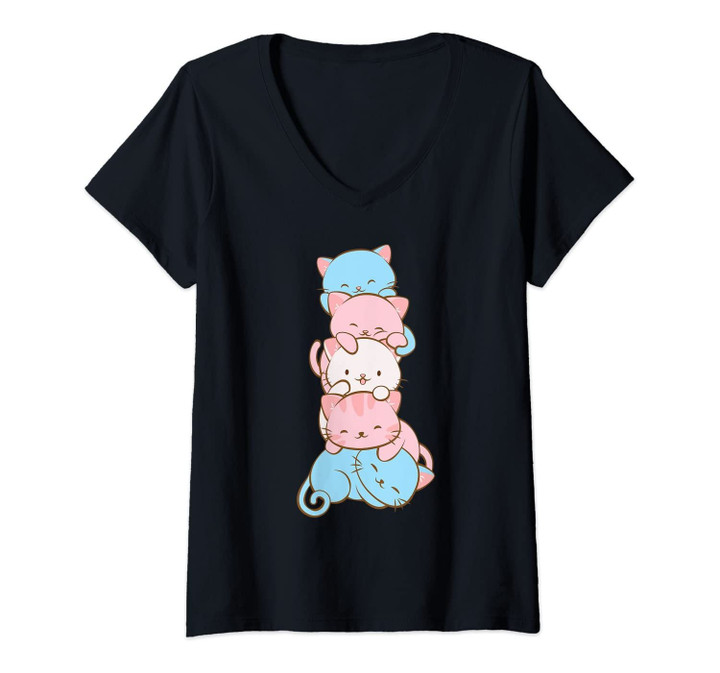 Womens Transgender Pride Cute Kawaii Cat V-Neck T-Shirt