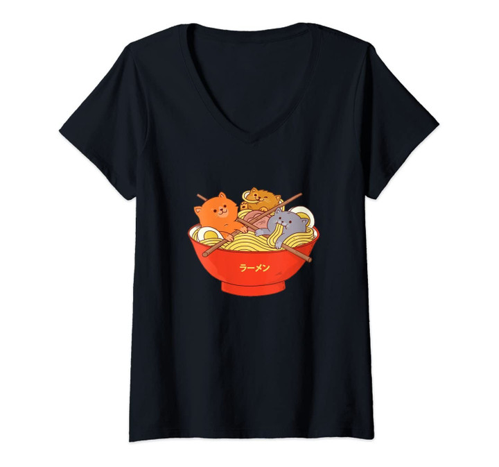 Womens Three Cute Cat Eating Ramen In A Bowl V-Neck T-Shirt