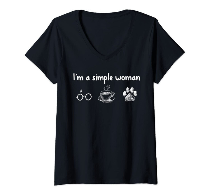 Womens I'm A Simple Woman Like Glasses Coffee And Dog V-Neck T-Shirt