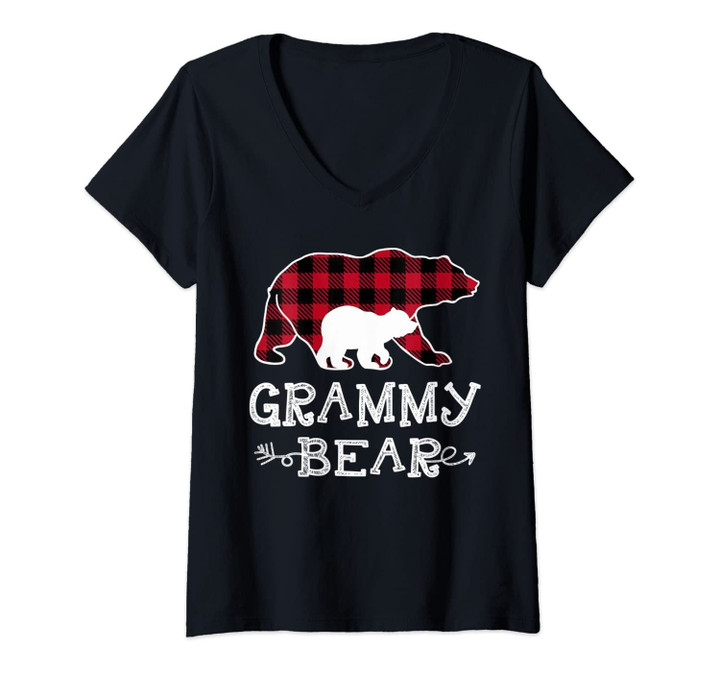 Womens Grammy Bear Christmas Pajama Red Plaid Buffalo Arrow Gift V-Neck T-Shirt