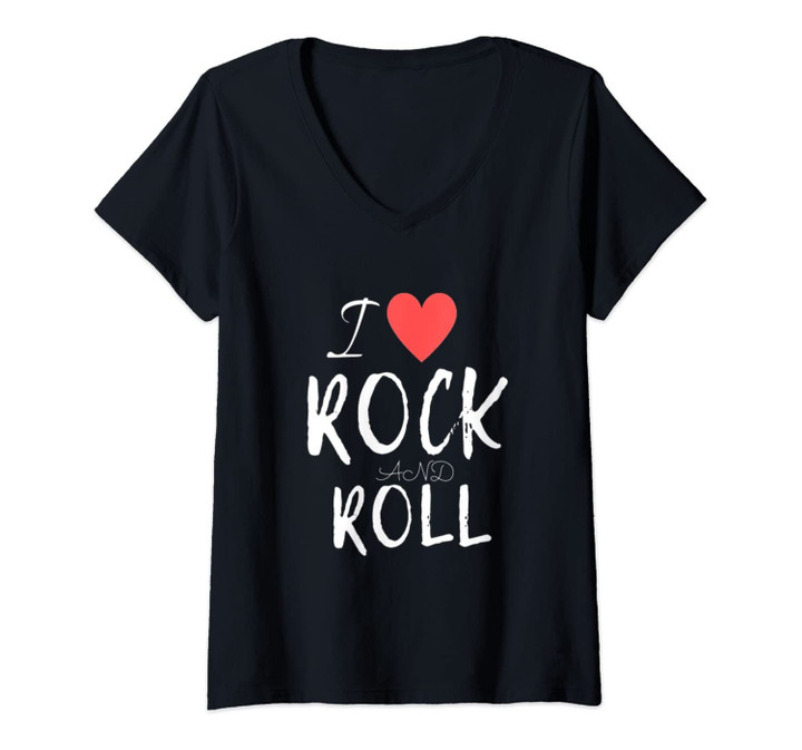 Womens Heart I Love Rock And Roll Music For Girls And Boys Fans V-Neck T-Shirt