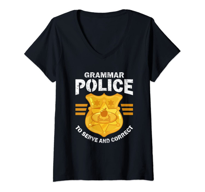 Womens Grammar Police Serve And Correct Funny Costume Idea Gift V-Neck T-Shirt