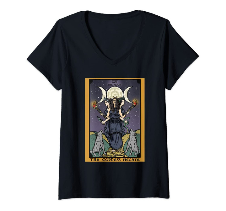 Womens Hecate Triple Moon Goddess Pagan Witch Hekate Tarot Card V-Neck T-Shirt
