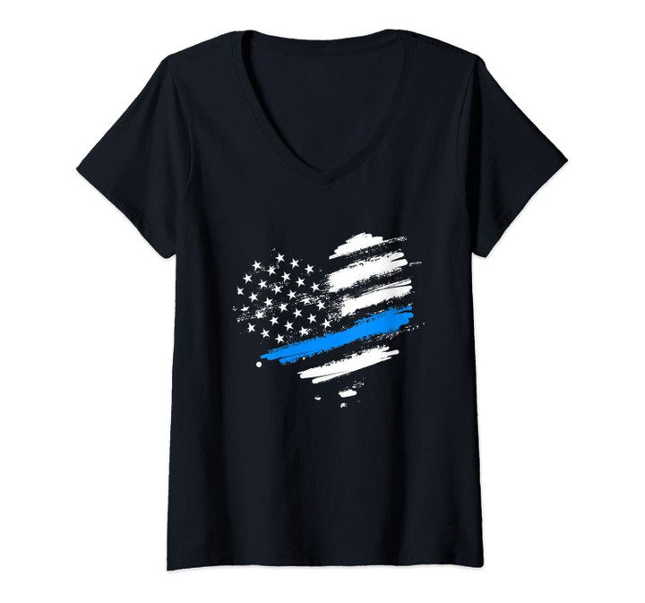 Womens Thin Blue Line Flag Heart Style Law Enforcement Vintage V-Neck T-Shirt