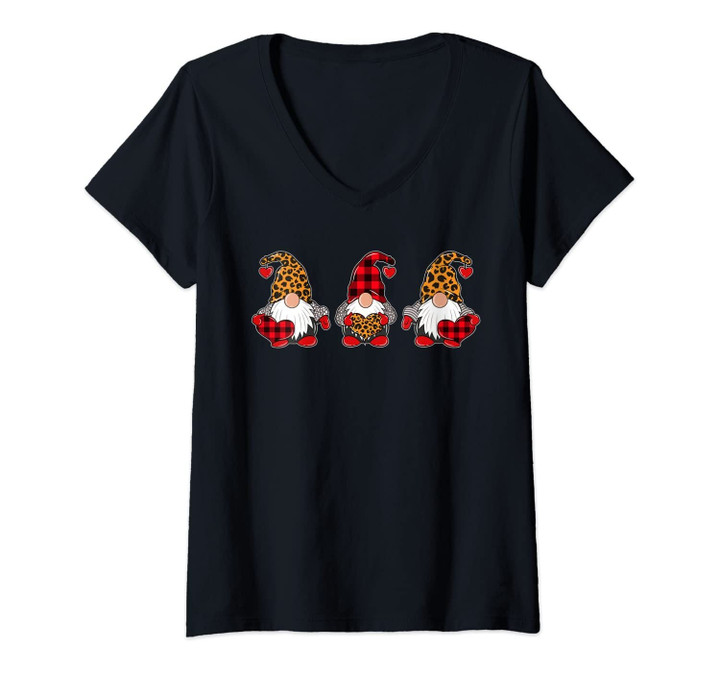 Womens Valentine's Day Three Gnomes Holding Heart Leopard Gifts V-Neck T-Shirt
