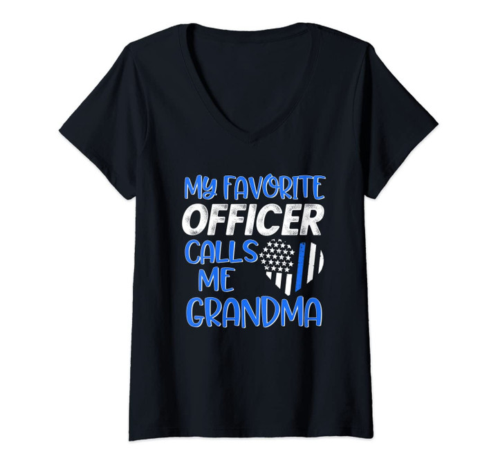 Womens Thin Blue Line My Favorite Police Officer Calls Me Grandma V-Neck T-Shirt