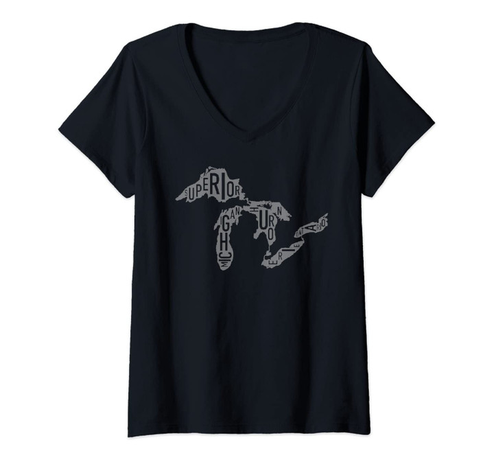 Womens Great Lakes Michigan, Superior, Huron, Erie, Ontario V-Neck T-Shirt