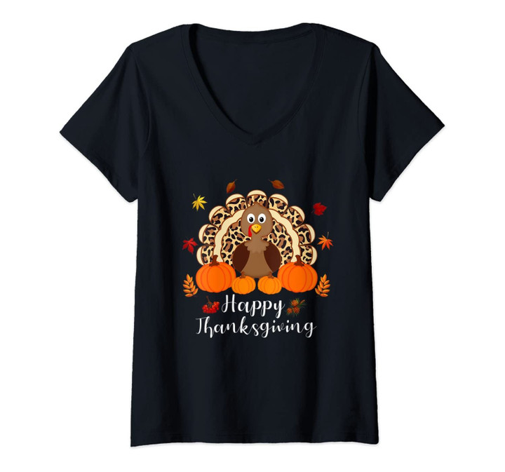 Womens Happy Thanksgiving Turkey Day Leopard Print Pumpkin Gifts V-Neck T-Shirt