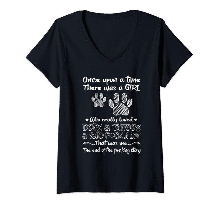 Womens There Was A Girl Who Really Loved Dogs And Tattoos Dog Owner V-Neck T-Shirt