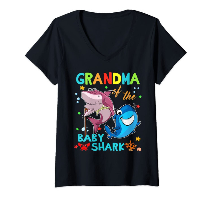 Womens Grandma Of The Baby Shark Birthday Grandma Shark V-Neck T-Shirt