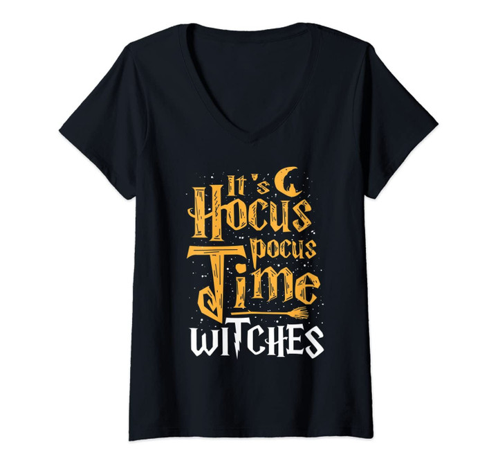 Womens It's Hocus Pocus Time Witches Cute Halloween Art Gift V-Neck T-Shirt